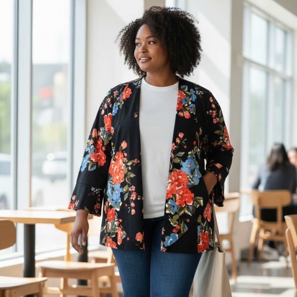 ROBIN ARTIZAN (1X) Floral Black Kimono Blazer Vibrant Lightweight Stretch NWT